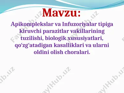 аpikomplekslar va infuzoriyalar tipiga kiruvchi parazitlar vakillarining tuzilishi, biologik xususiyatlari, qo‘zg‘atadigan kasalliklari va ularni oldini olish choralari — PPTX