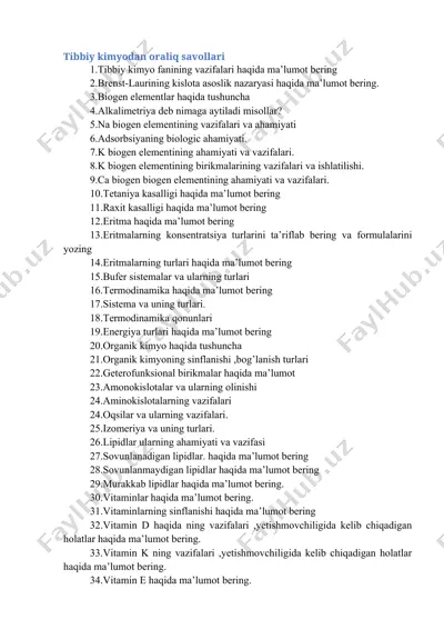 tibbiy kimyodan oraliq savollari — DOCX