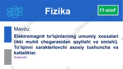 elektromagnit to'lqinlarning umumiy xossalari (ikki muhit chegarasidan qaytishi va sinishi). to'lqinni xarakterlovchi asosiy tushuncha va kattaliklar — PPTX