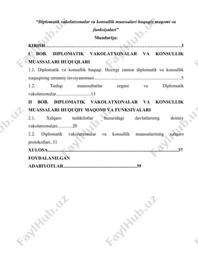 diplomatik vakolatxonalar va konsullik muassalari huquqiy maqomi va funksiyalari — DOCX