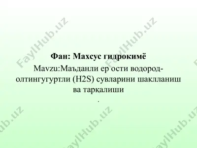 маъданли ер ости водород-олтингугуртли (н2s) сувларини шаклланиш ва тарқалиши — PPTX