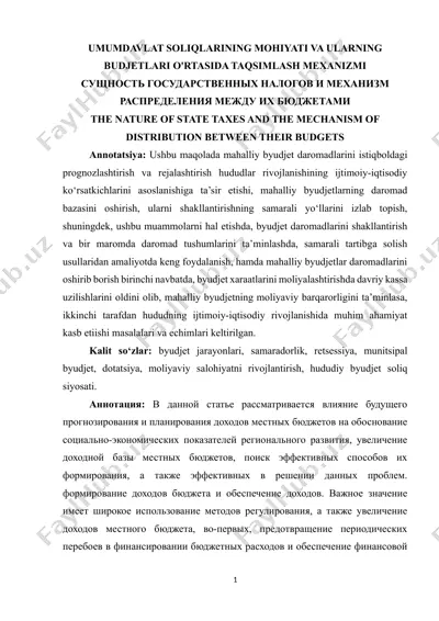 umumidavlat soliqlarining mohiyati va ularning budjetlari ortasida taqsimlash mexanizmi — DOCX