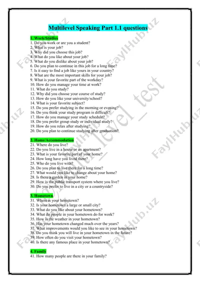 multilevel speaking part 1.1 questions — PDF