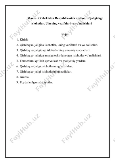 o'zbekiston respublikasida qishloq xo'jaligidagi islohotlar. ularning vazifalari va yo'nalishlari — DOCX
