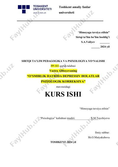 o’smirlik davrida depressiv holatlar psixologik korreksiya — DOCX