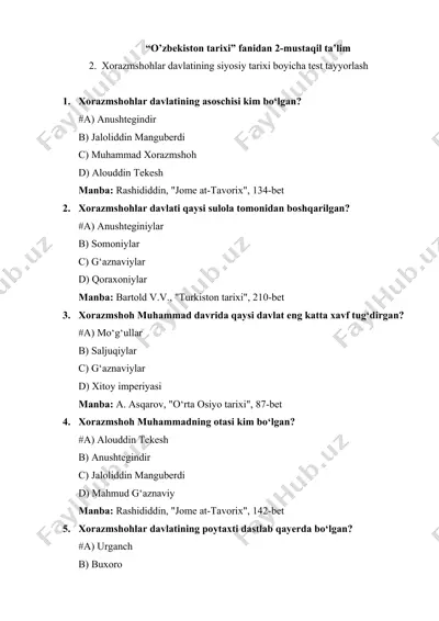 xorazmshohlar davlatining siyosiy tarixi boyicha test — DOCX