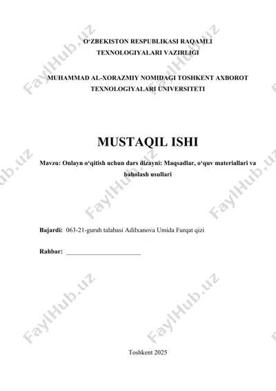 onlayn o‘qitish uchun dars dizayni maqsadlar, o‘quv materiallari va baholash usullari — DOCX