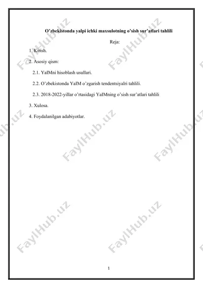 o’zbekistonda yalpi ichki maxsulotning o’sish sur’atlari tahlili — DOCX