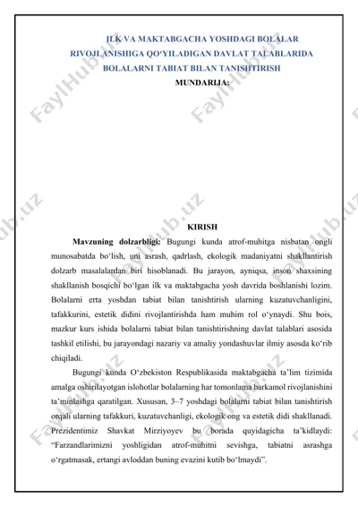 ilk va maktabgacha yoshdagi bolalar rivojlanishiga qoʻyiladigan davlat talablarida bolalarni tabiat bilan tanishtirish — DOCX
