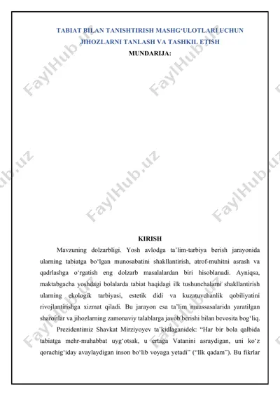 tabiat bilan tanishtirish mashg‘ulotlari uchun jihozlarni tanlash va tashkil etish — DOCX