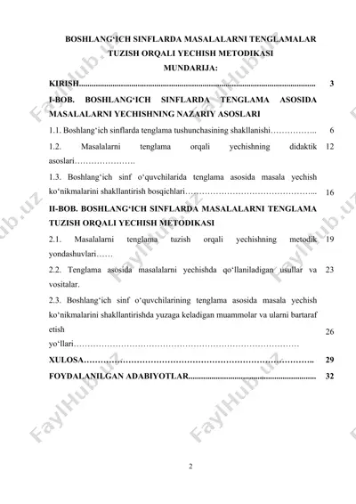 boshlang‘ich sinflarda masalalarni tenglamalar tuzish orqali yechish metodikasi — DOCX