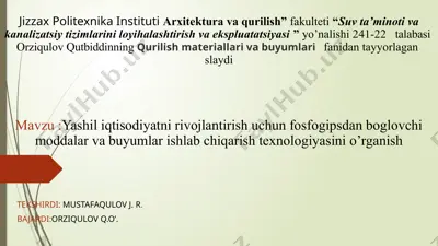 fosfogipsdan bog'lovchi moddalar va buyumlar ishlab chiqarish texnologiyasi — PPTX