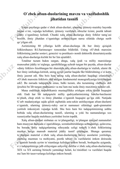 o`zbek afsun-duolarining mavzu va vazifadoshlik jihatidan tasnifi — DOC