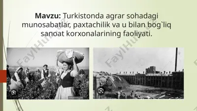 turkistonda agrar sohadagi munosabatlar, paxtachilik va u bilan bog`liq sanoat korxonalarining faoliyati. — PPTX