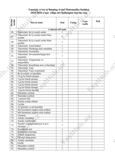 matematika yillik ish reja 2025-2026 4-sinf uchun — DOCX