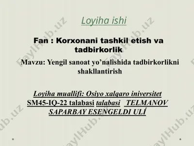 korxonani tashkil etish va tadbirkorlik loyihasi — PPTX