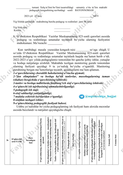 pedagog va xodimlarga ustamalar tayinlash bo‘yicha ma'ruzalar — DOCX