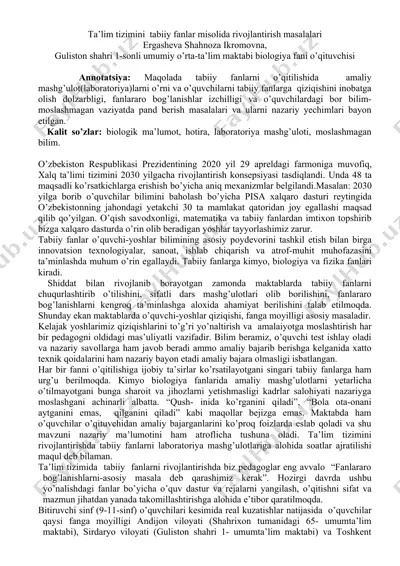 ta'lim tizimini tabiiy fanlar misolida rivojlantirish masalalari — DOCX