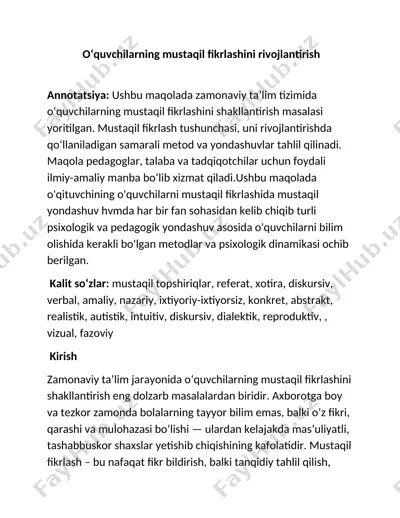 o‘quvchilarning mustaqil fikrlashini rivojlanishi — DOCX