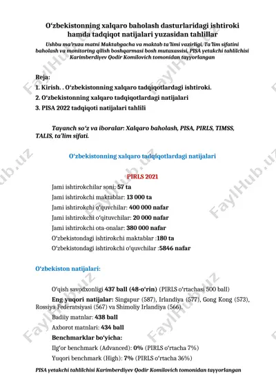 oʻzbekistonning xalqaro baholash dasturlaridagi ishtiroki hamda tadqiqot natijalari yuzasidan tahlillar — DOCX