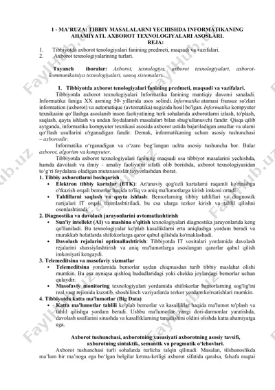 ma’ruza: tibbiy masalalarni yechishda informatikaning ahamiyati. axborot texnologiyalari asoslari. — DOCX