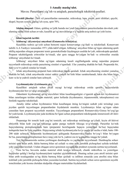 parazitlarni yig’ish va aniqlash uchun jihozlar — DOCX