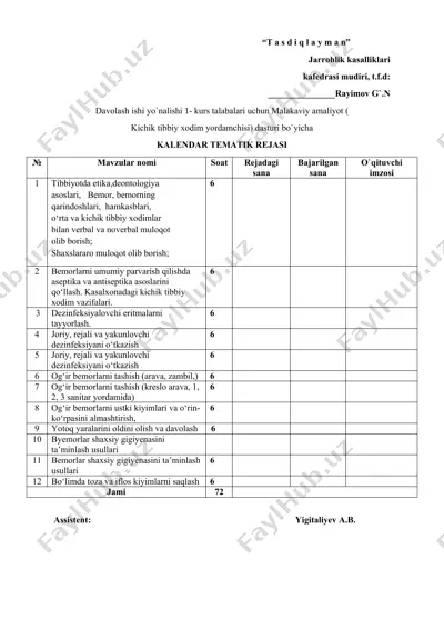 malakaviy amaliyot dasturi bo'yicha kalendar tematik rejasi — DOCX