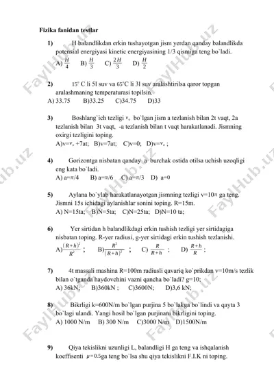 fizika fanidan testlar — DOCX