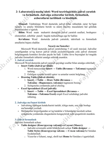 word dasturida jadval yaratish va formatlash — DOCX