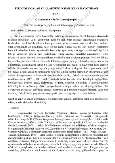 fitogormonlar va ularning o‘simliklar hayotidagi o‘rni — DOCX