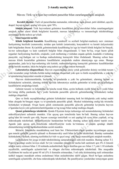 tirik va o‘lgan hayvonlarni parazitlar bilan zararlanganligini aniqlash — DOCX