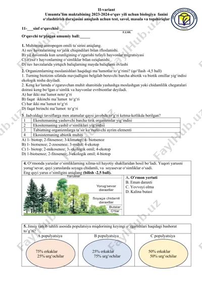 umumta’lim maktabining 2023-2024-o‘quv yili uchun biologiya fanini o‘zlashtirish testlari — DOCX