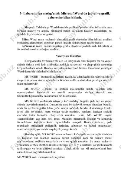 labaratoriya mashg’uloti: microsoftword da jadval va grafik axborotlar bilan ishlash — DOCX