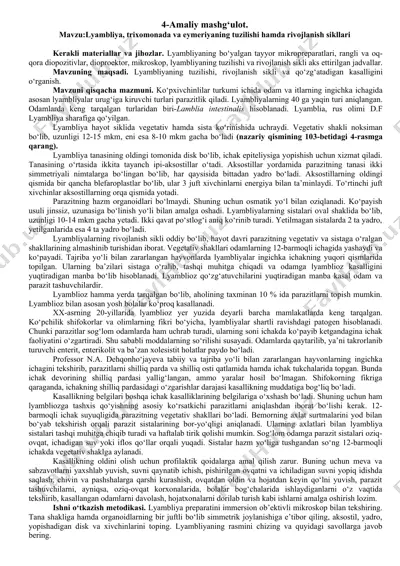lyambliya, trixomonada va eymeriyaning tuzilishi hamda rivojlanish sikllari — DOCX