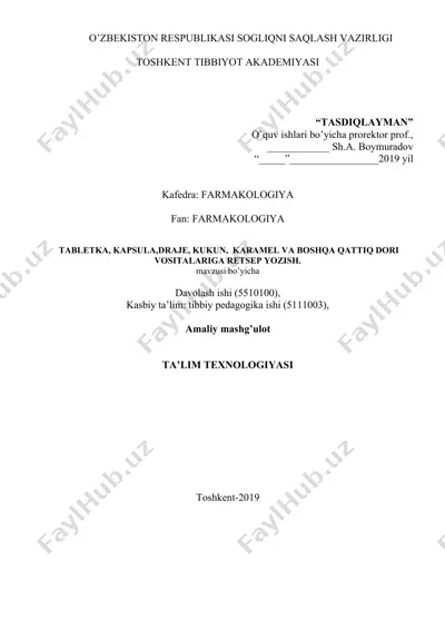 o'quv-uslubiy qo'llanma "tabletka, kapsula,draje, kukun,  karamel va boshqa qattiq dori vositalariga retsep yozish" — DOCX