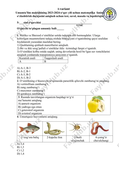 umumta’lim maktabining 2023-2024-o‘quv yili uchun matematika fanini o‘zlashtirish darajasini aniqlash uchun test, savol, masala va topshiriqlar — DOCX
