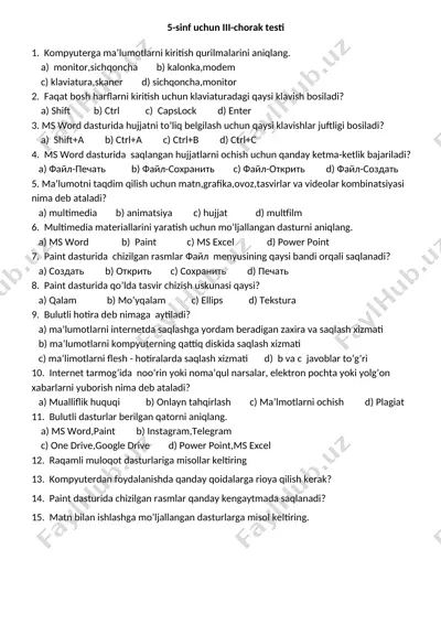 5-sinf uchun iii-chorak testi — DOCX