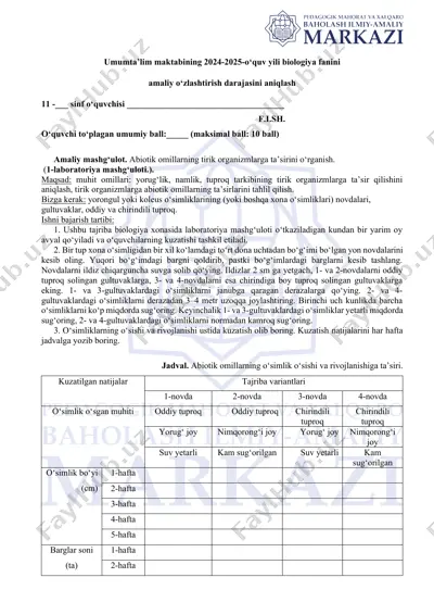 umumta’lim maktabining 2024-2025-o‘quv yili biologiya fanini amaliy o‘zlashtirish darajasini aniqlash — DOCX