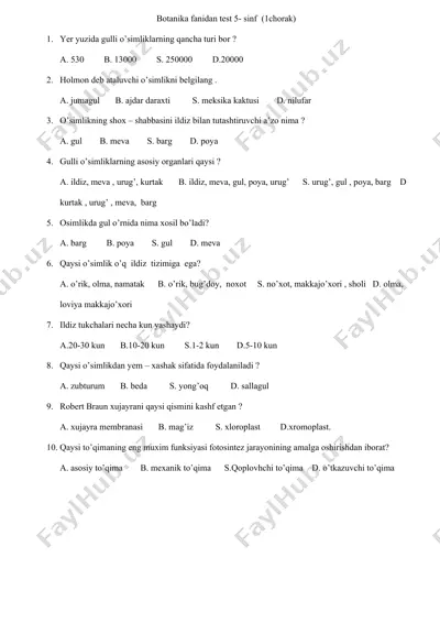botanika fanidan test 5- sinf — DOCX