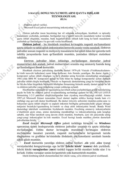 elektron jadval vazifasi. microsoft excel jadval muxarririning imkoniyatlari — DOCX