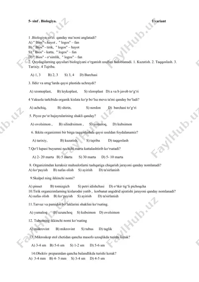 5-sinf biologiya i variant — DOCX