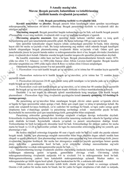bezgak paraziti, balantidium va ixtioftiriusning tuzilishi hamda rivojlanish jarayonlari — DOCX