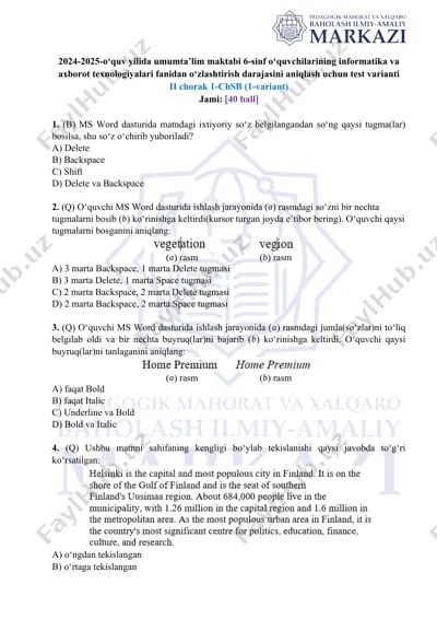 2024-2025-o‘quv yilida umumta’lim maktabi 6-sinf o‘quvchilarining informatika va axborot texnologiyalari fanidan o‘zlashtirish darajasini aniqlash uchun test varianti ii chorak 1-chsb (1-variant) — DOCX