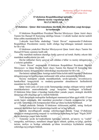 oʻzbekiston – qatar: ikki tomonlama sheriklik sifat jihatidan yangi darajaga ko‘tarilmoqda — DOCX