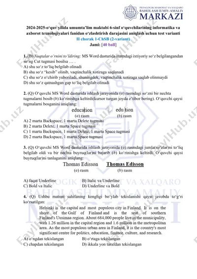 2024-2025-o‘quv yilida umumta’lim maktabi 6-sinf o‘quvchilarining informatika va axborot texnologiyalari fanidan o‘zlashtirish darajasini aniqlash uchun test varianti ii chorak 1-chsb (2-variant) — DOCX