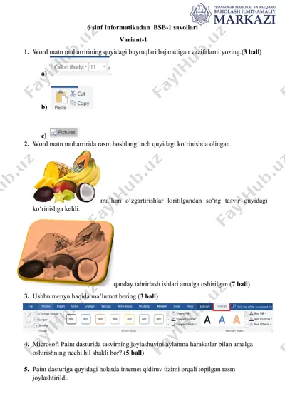 6-sinf informatikadan bsb-1 savollari — DOCX