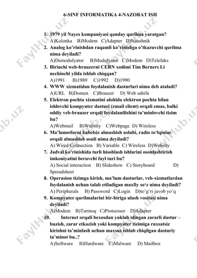 6-sinf informatika 4-nazorat ish — DOCX