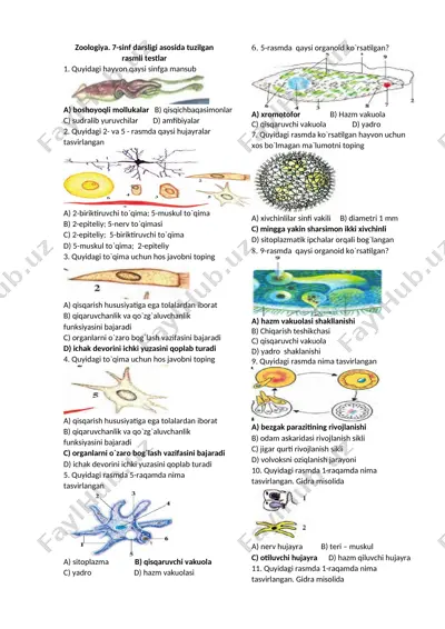 zoologiya. 7-sinf darsligi asosida tuzilgan rasmli testlar — DOCX