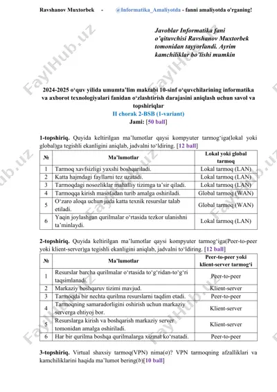 umumta’lim maktabi 10-sinf informatika va axborot texnologiyalari fanidan ii chorak test topshiriqlari — DOCX