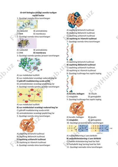 10-sinf biologiya darsligi asosida tuzilgan rasmli testlar — DOCX